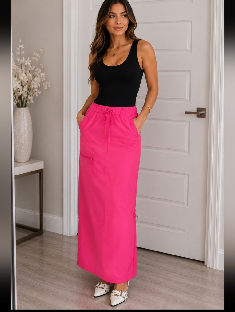 PrettyLittleThing Hot Pink Parachute/Cargo Maxi Skirt